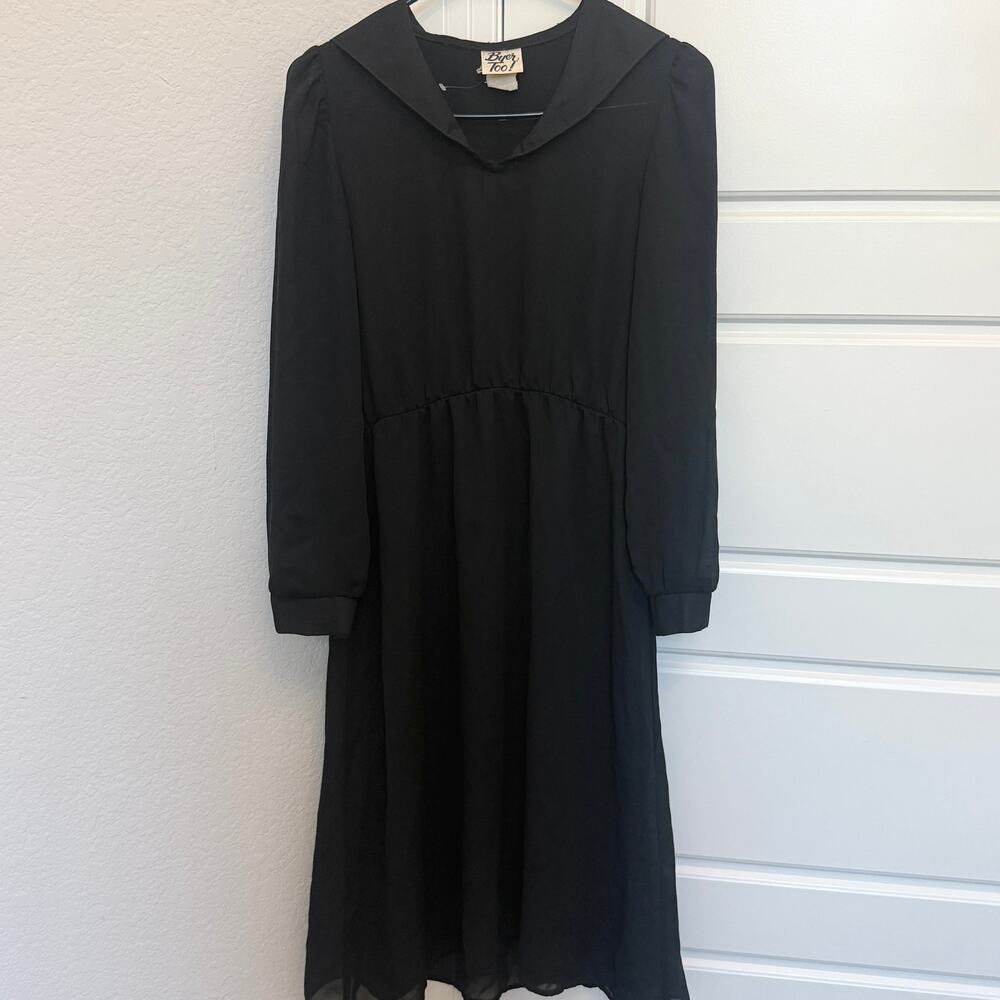Vintage Byer Too Black Sailor Collar Midi Dress 90s Long Sleeve Size Small